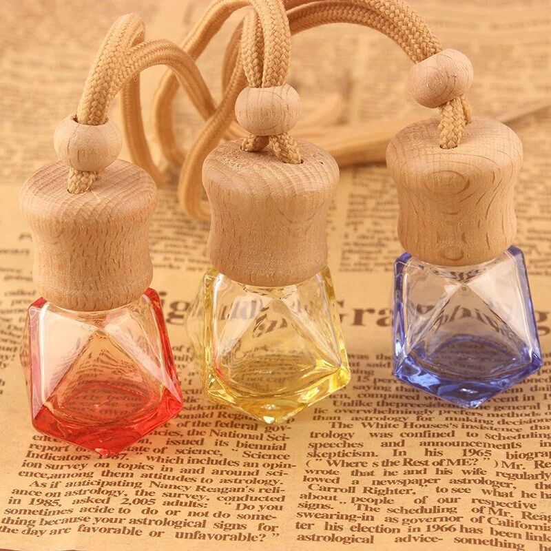 Hanging Car Air Freshener Essential Oils Diffuser Perfume Aromatherapy Empty Clear Glass Shape Fragrance Glass Vials with Wooden Caps & Hanging String(various color) - Image 7