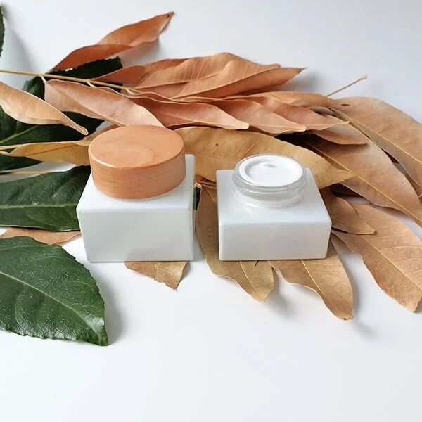 30g 50g Pearly White Glass Cosmetic Containers with Natural Wood lids, Square Cosmetic Jars, Empty Glass Sample Jars for Makeup, Eye Creams - Image 3