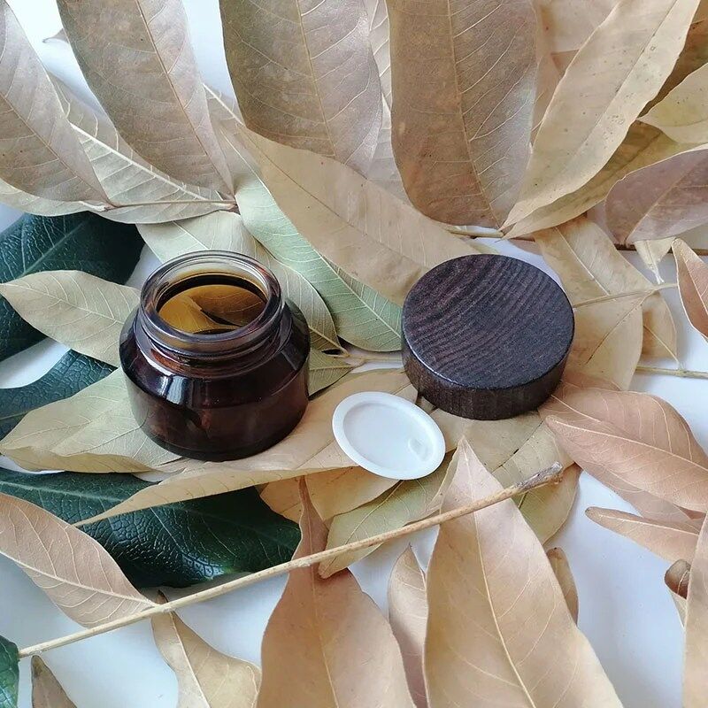 15g 30g 50g Amber Glass Cream Jars Refillable Cosmetic Container with Black Wood Lids, Glass Cosmetic Packaging - Image 4